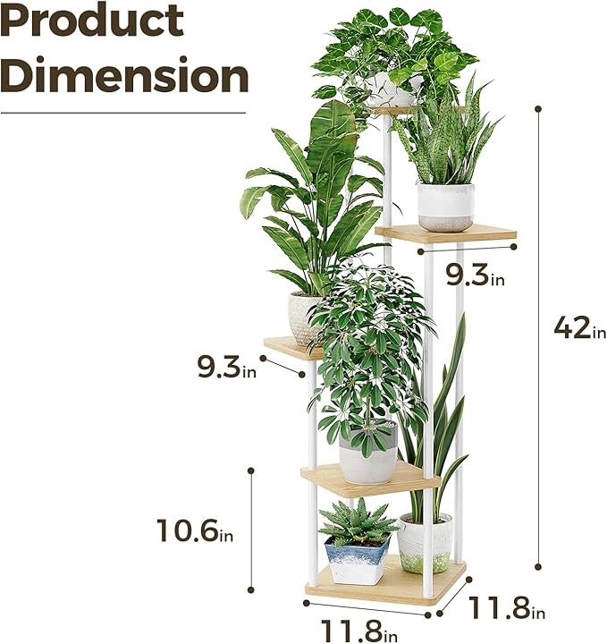 Bamworld White Plant Stand Indoor 5 Tier Plant Shelf for Multiple Plants Corner Flower Stand Metal Wood Plant Table for Patio Garden Balcony Living Room Bedroom Bamworld