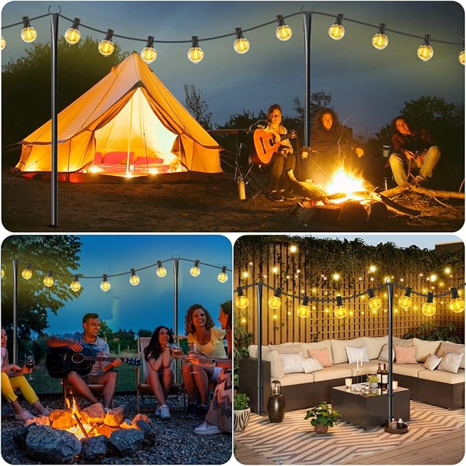 4 Pack String Light Poles for Outdoor,Metal Light Hanging Pole Outside with Fork,Light Stand for Patio, Pergola, Garden, Backyard, Yard, Camping Party (4 Pack) Rootora