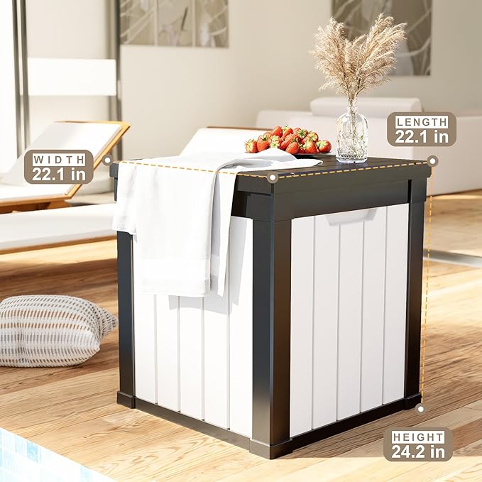 DRATO 51 Gallon Deck Boxes Resin Outdoor Storage Box UV Resistant Outside Deck Box with Lockable Lid for Patio Furniture（Black and White，51 Gallon） DRATOprovidesawarmandcozy