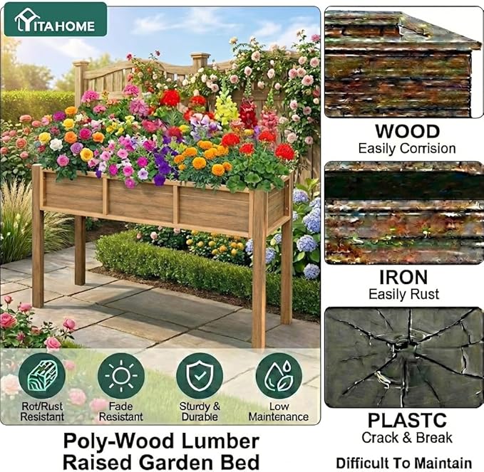YITAHOME 48x18x30in Raised Garden Bed, Weather Resistant Poly Lumber Planter Box with Legs, Elevated Garden Bed for Yard, Garden, Balcony - Brown YITAHOME