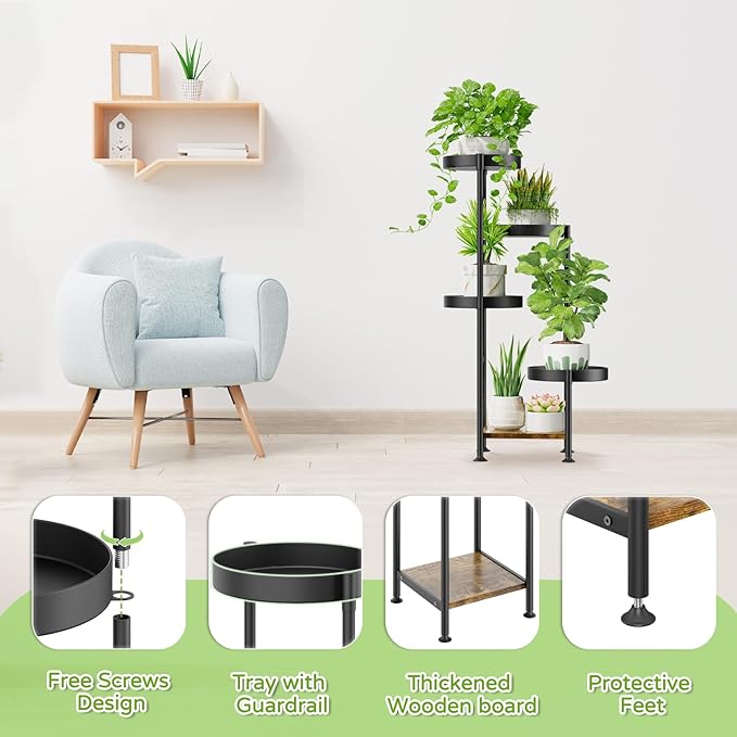 Plant Stand Indoor Outdoor, 5 Tier Metal Flower Pot Shelf Holder Clearance, Tall Corner Rack for Multiple Plants, Modern Organizer Display for Patio Orchid Office Porch Living Room Garden, Black Oppro