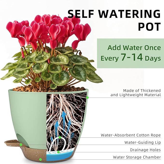 Plant Pots 8/7.5/7/6.5/6 Inch Self Watering Pots,5 Pack Planters with Drainage Holes and Saucers,Plastic Flower Pots,Nursery Planters for Indoor Outdoor Plants (Green) Rootora