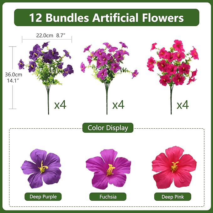 INQCMY Artificial Flowers for Outdoors Fake Plants Spring Decoration, 12 Bundles Faux Petunias UV Resistant No Fade Realistic Silk Flower for Outside Planters Patio Porch Yard Window Box INQCMYPlantRack