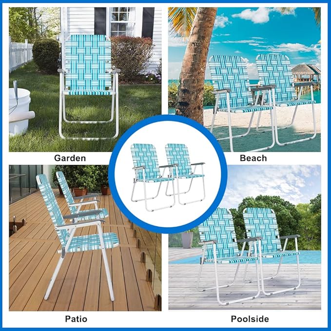 VINGLI Patio Lawn Webbed Folding Chairs Set of 2, Outdoor Beach Chair Portable Dining Chair for Outdoor Yard, Garden (White & Blue, Classic) VINGLI
