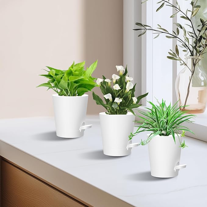 Self Watering Pots, 4 inch Flower Pots with Multi Mesh Drainage Holes, Small Platic Planters for Indoor Outdoor Garden Plants and Flowers (White, 4") Rootora