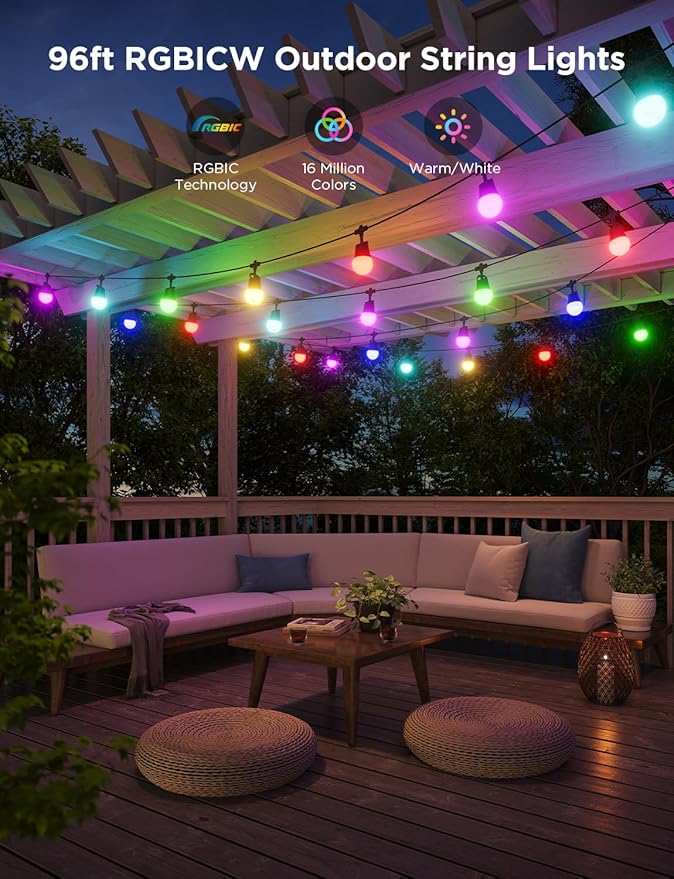 Govee Smart Outdoor String Lights 2, 96ft RGBIC Outdoor Lights with Dimmable Warm White LED Bulbs, 47 Scene Modes for Patio, Backyard, IP65 Waterproof, Compatible with Alexa, App Control Govee