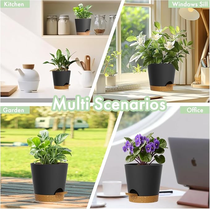 4 inch Self Watering Pots for Indoor Outdoor Plants, 6 Pack Plastic Flower Planters with Drainage Holes and Removable Saucers, Plant Pots with Wicking Rope, Modern Decor, Black Brown WSMKSZ