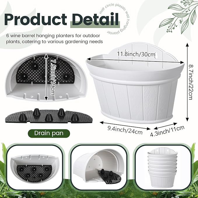 Layhit 6 Pcs Wall Hanging Planters Outdoor Pot Planter Wine Barrel Planter Distressed Oak Thickened Plastic Water Storage Flower Pots for Flower Indoor Outdoor(12 Inches,White) ShungLan
