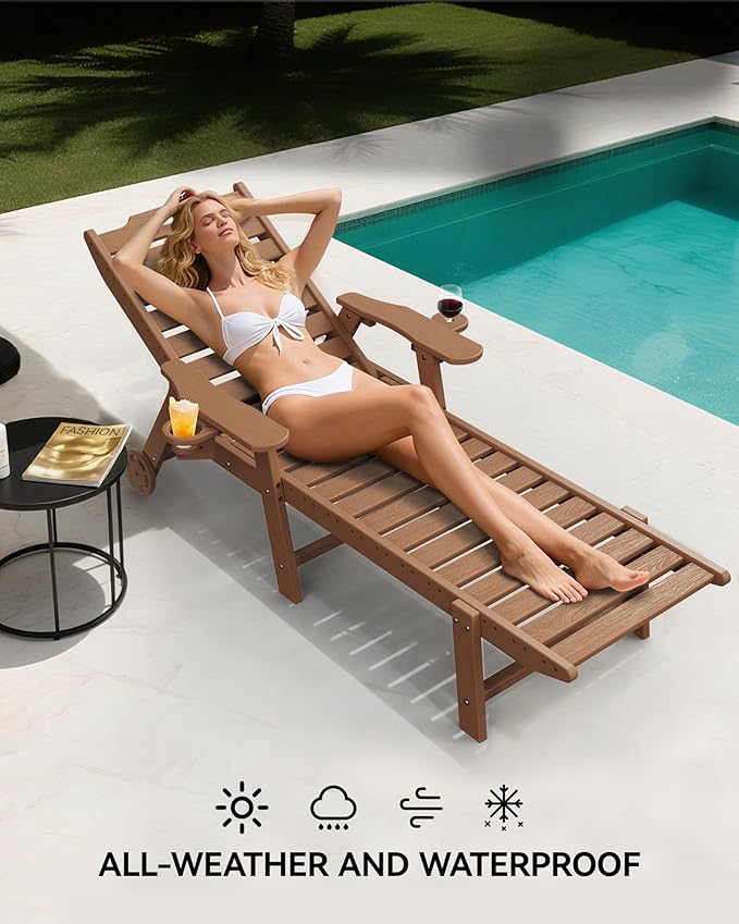Carauci Lounge Chair Outdoor Set of 2, HDPE Chaise Lounge with Wheels, 5-Position Adjustable Backrest & 2 Cup Holders Patio Lounge Chair, All-Weather Pool Sun Lounger for Poolside, Backyard, Teak Carauci