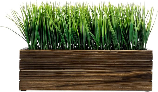 MyGift 14 Inch Artificial Green Grass Plant in Rustic Burnt Solid Wood Rectangular Crate Style Planter Box, Indoor Decor Faux Greenery in Decorative Wooden Container MyGiftHome