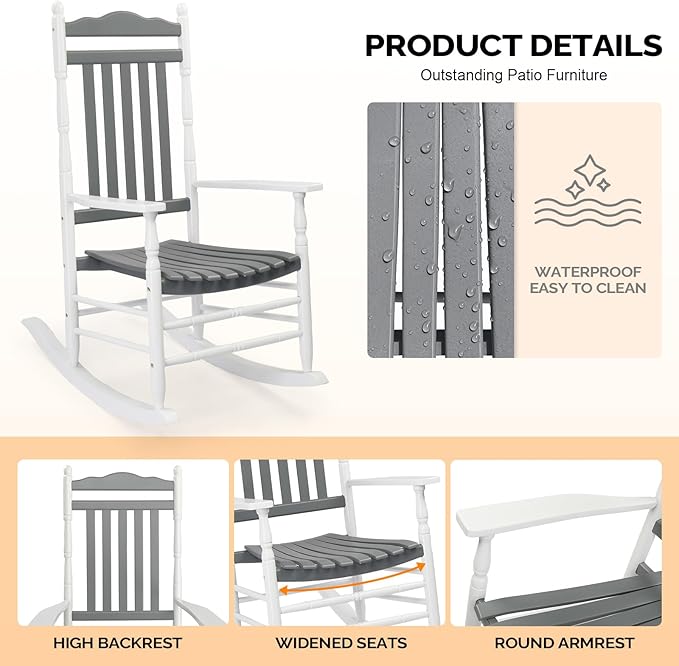 VINGLI Wooden Rocking Chair, Outdoor Chair with 450 lbs Support, Relaxing Rocker with Solid Wood High Back Seat Reclining Seat for Deck, Garden, Backyard, Porch (White & Grey, 1PC) VINGLI