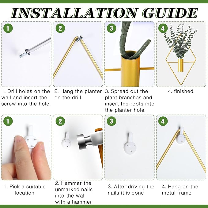 Jexine 8 Pcs Hanging Planters with Artificial Eucalyptus Metal Hanging Vase Indoor Plants Holder Modern Geometric Boho Bathroom Wall Decor for Living Room Home Office (Eucalyptus,Gold) Jexine