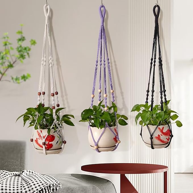 3 ft Macrame Plant Hanger Indoor Handmade Large Long Wall Window Black Hanging Planters Holder Outdoor Boho Home Decor Ceiling Basket Hangers Plants HUIHONGHOME