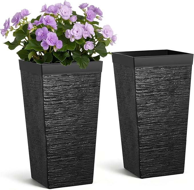 VEVOR Set of 2 Tall Planters for Outdoor Plants 23 inch, Black Tall Planter for Indoor Plants, Modern Planters for Front Porch Patio Balcony, Plant Container Flower Pots with Built-in Drainage VEVOR