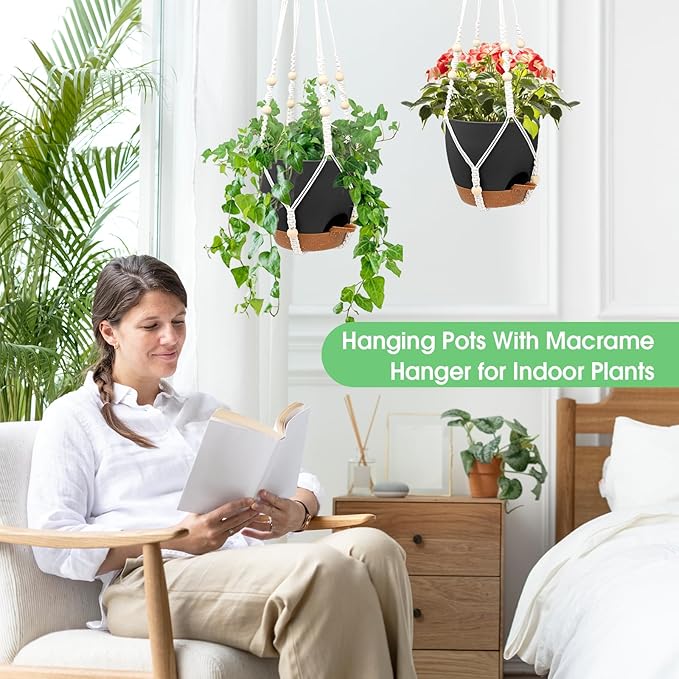 Hanging Planters for Indoor Outdoor Plants, 2 Pack Self Watering Hanging Pot with Drainage Holes, Removable Tray & 2 Kinds of Plant Hangers, 8'' Hanging Flower Pots for Home Garden Decor, Black Vanslogreen