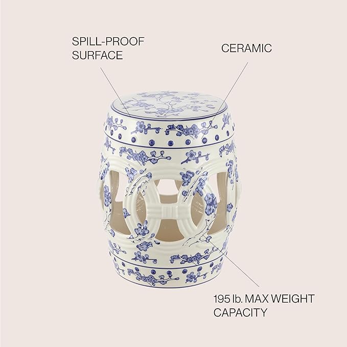 JONATHAN Y TBL1027A Lucky Coins 16" Chinese Ceramic Drum Indoor/Outdoor Garden Stool Bohemian, Coastal, Classic, Cottage, French Country, Patio, Garden Room, Bathroom, Living Room, Blue/White JONATHANY