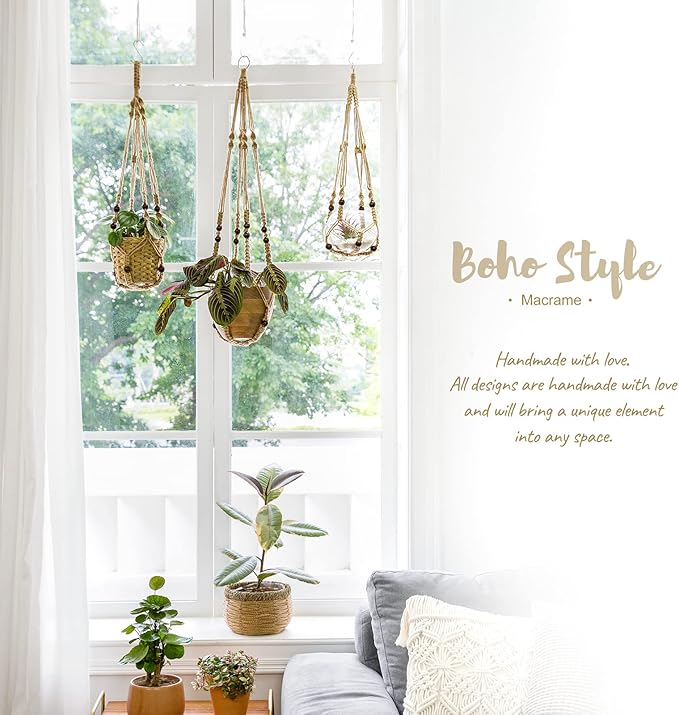 Mkono Macrame Plant Hanger Indoor Jute Hanging Planter Basket with Wood Beads Decorative Flower Pot Holder No Tassels for Indoor Outdoor Boho Home Decor 35 Inch, Brown, Set of 1 (POTS NOT Included) Mkono