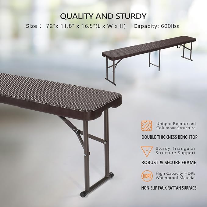 VINGLI 6 feet Plastic Folding Bench,Portable in/Outdoor Picnic Party Camping Dining Seat, Garden Soccer Multipurpose Entertaining Activities, Rattan Patterned HDPE Tabletop, 2 Pack, Brown VINGLI