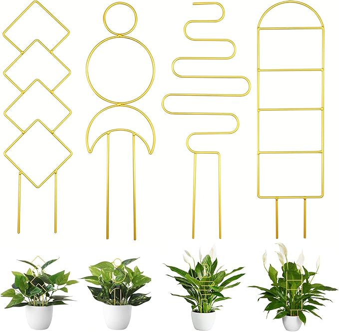 4 Pcs Mini Metal Trellis for Potted Plants, Climbing Support Stake for Houseplant Vines Pothos (Gold) Rootora