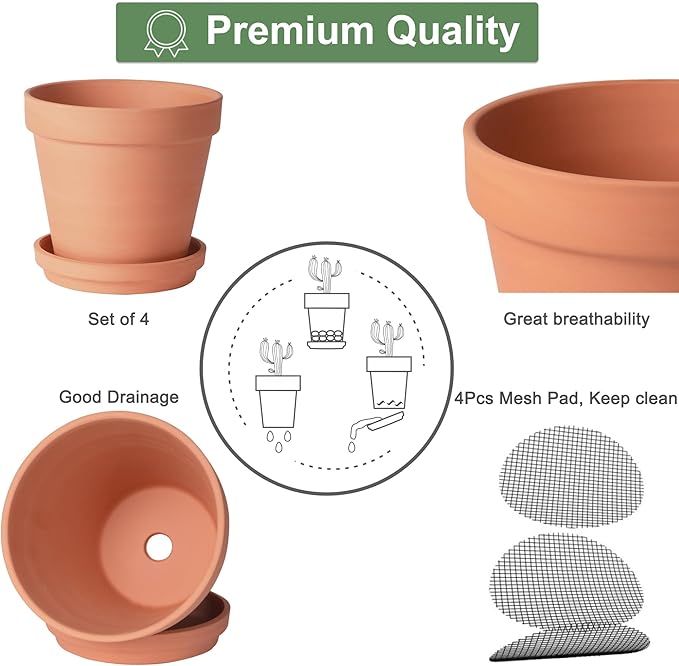 Orceler 6 inch Terracotta & Clay Pots for Plants with Saucer, Medium Terra Cotta Plant Pots with Drainage Hole, Flowerpot with Tray, Terracotta Pot for Indoor Outdoor Plant - Pack of 4 Planters Orceler