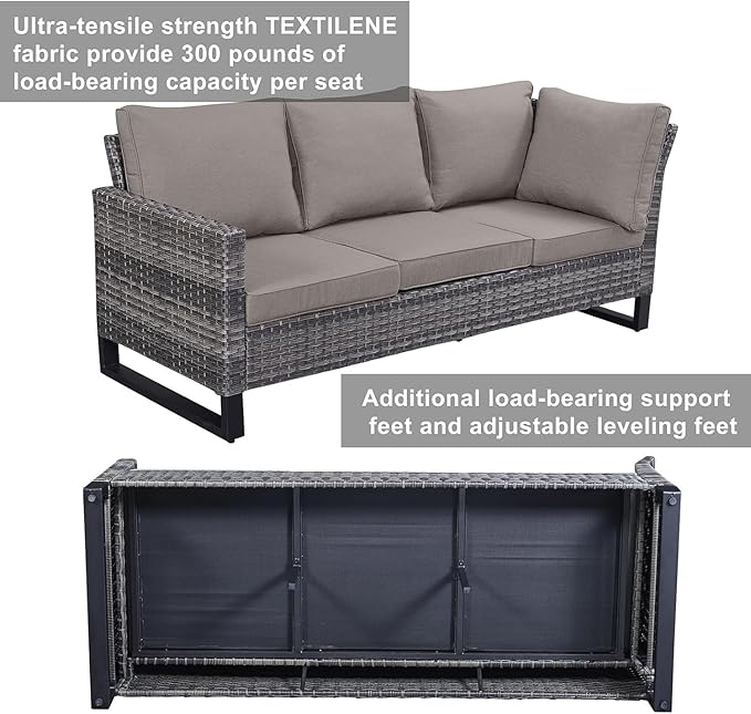 Belord Patio Sectional Furniture Set with Fire Pit Table: 8 Pieces Wicker Patio Conversation Set with L Shaped Sofa, Outdoor Swivel Glider Rocker, Rattan Ottomans, Removable Cushions Grey Belord