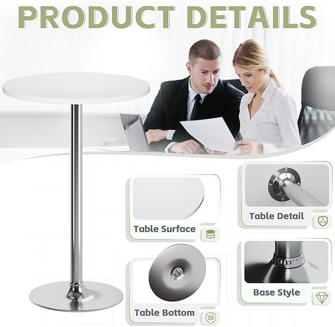 Flamaker Round Bistro Pub Table Modern Style Metal Base MDF Top Cocktail Bar Table Counter Bar Height for Pub, Dining Room, Party (1, White-Silver) Flamaker