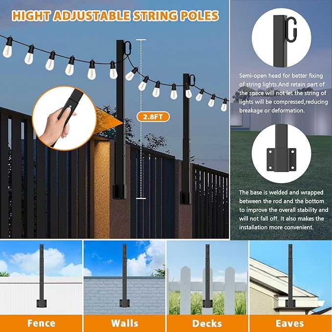 AILBTON 2.6Ft String Light Poles 10 Pack,Light Poles for Outside Lights,Outdoor with Fence Brackets Hanging Lights,Metal Stand Deck Patio Backyard AILBTON