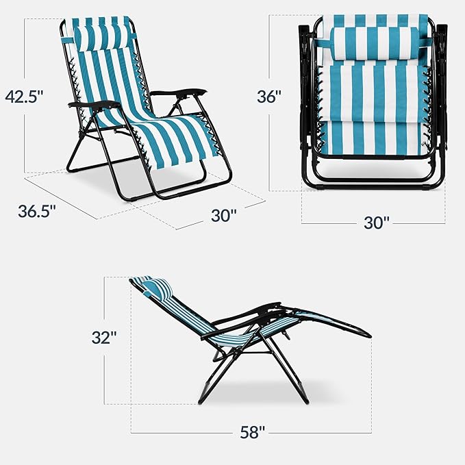 Best Choice Products Set of 2 Extra Wide Adjustable Steel Mesh Zero Gravity Lounge Chair Recliners w/Pillows and Cup Holder Trays - Peacock Blue Stripes BestChoiceProducts