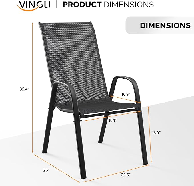 VINGLI Patio Chairs Set of 6 – Stackable Outdoor Dining Chairs with Comfortable Sling High Back Chairs and Armrests for Lawn, Poolside, Courtyard, Balcony, Garden, Black VINGLI