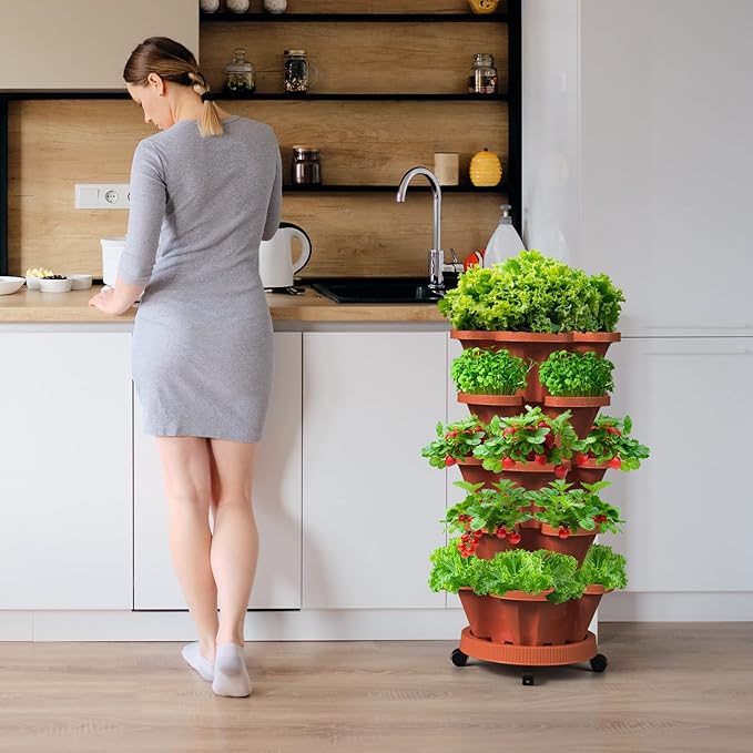 Strawberry Vertical Planter, 5 Tiered Stacking Garden Tower, Stackable Herb Vegetable Planters with Support Pole Indoor and Outdoor - Terra Cotta Tectsia