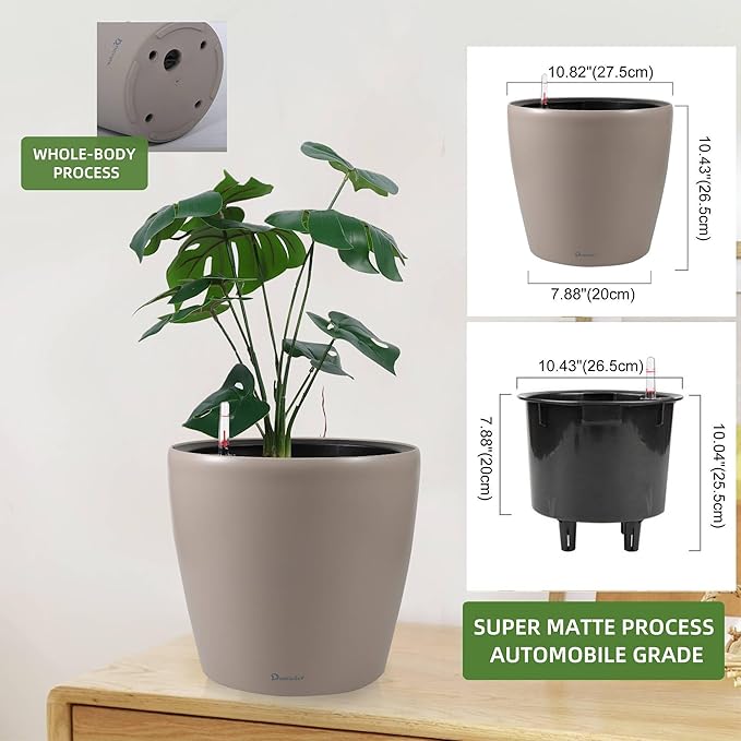 Dexceder 11x10 Inches Self Watering Planter Indoor Outdoor, Inner Pot Design, Thickened Table Flower Plant Pot with Water Level Indicator (Taupe Matte) Dexceder