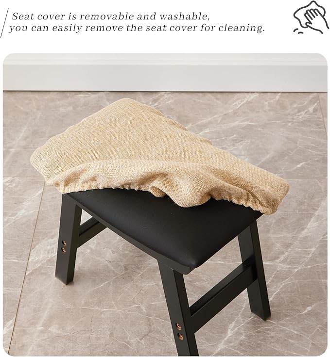 Foot Stool,Ottoman,Bamboo Small Sofa Foot Rest Under Desk,Extra Seating for Living Room, Bedroom and Kitchen (Black Stool Legs - Beige Surface) Kitsanery