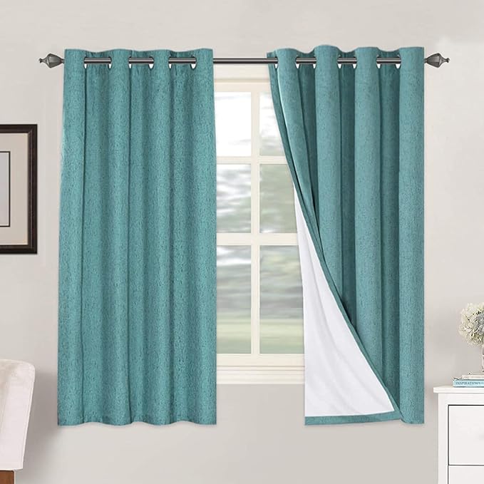 H.VERSAILTEX Linen Blackout Curtains 63 Inches Long 100% Absolutely Blackout Thermal Insulated Textured Linen Look Curtain Draperies Anti-Rust Grommet, Energy Saving with White Liner, 2 Panels, Teal HVERSAILTEX