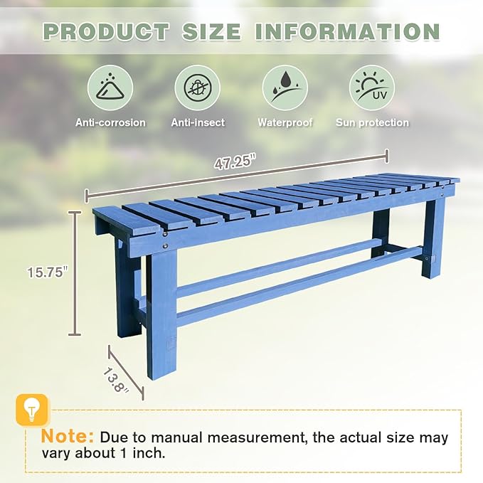 Outdoor Garden Wood Bench, 2-Person Weatherproof Wooden Bench Park Narrow Bench, Never Rot or Fade Waterproof Backless Bench for Entryway, Outdoor, Patio, Porch, Backyard and Park (Blue, 35.5''/90cm) LSPYYDS