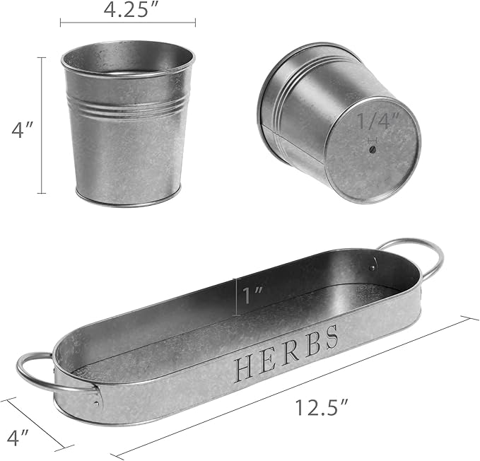 Barnyard Designs Indoor Herb Garden Planter Set with Tray, Metal Windowsill Plant Pots with Drainage for Outdoor or Indoor Plants, Set/3 (Galvanized) BarnyardDesigns