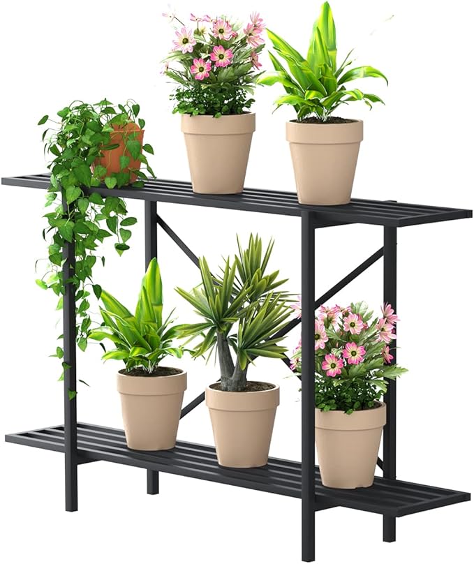 Zhongma 2 Tier Metal Sturdy Heavy Plant Stand, Narrow Plant Stand Indoor and Outdoor, L45.67 x W10.3 x H27.5 inch, 440 LBS Capacity & Heavy Duty Construction. … Zhongma