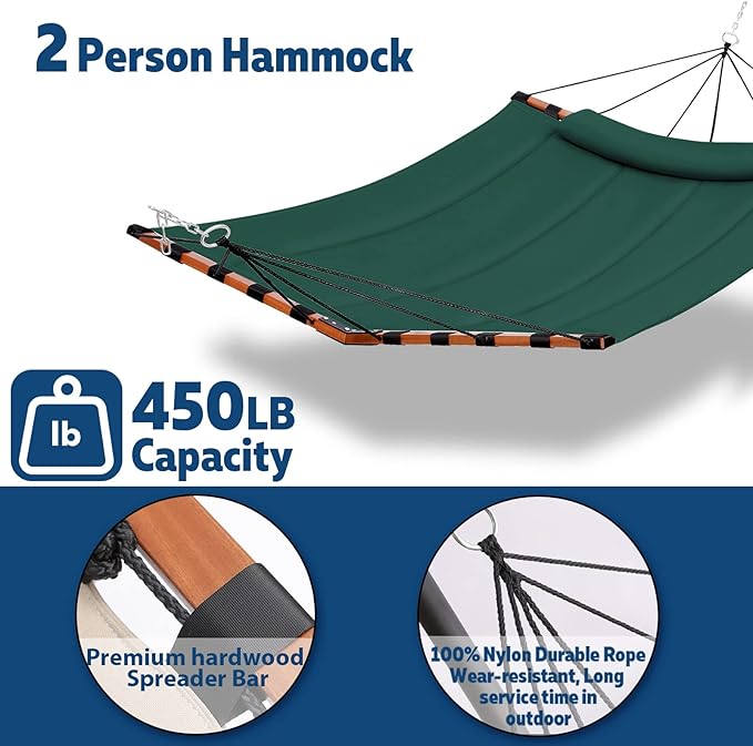 12FT 2 Person Hammock TegerDeger Large Hammock 450LB Capacity with V Shaped Hardwood Spreader Bar & Nylon Rope for Outside, Patio, Garden, Backyard, Beach, Poolside - Dark Green Tegerdeger