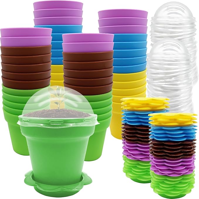 PURPLE STAR 1N 50 Packs Cupcake Plant Nursery Pots with Humidity Dome- Planting Containers Cups- Small Flower Pots for Indoor Outdoor Plant Succulent Vegetable (Mixed Color) PurpleStar