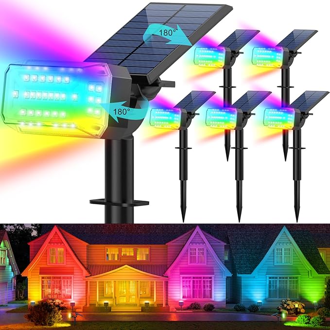 Solar Spot Lights Outdoor Waterproof IP65,[49 LEDs/6 Pack] RGB Christmas 7 Modes Color Changing Solar Spotlights, Adjustable Landscape Flood Powered Lights for Yard Garden Pathway(Multicolor) KIPEINI