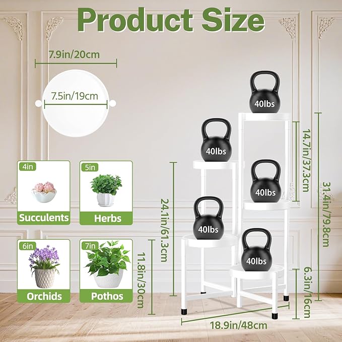 iDavosic.ly Plant Stand Indoor Outdoor, 5 Tier Corner Metal Flower Display Holder Shelf, Easy Assembly Folding Tall Orchid Rack for Patio Balcony Porch Garden Living Room House, White iDavosicly