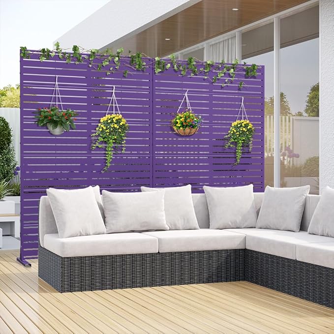 Casaphoria Metal Privacy Screen Outdoor, 72" H x 47" W Freestanding Decorative Privacy Screen for Patio Deck Balcony Garden with Stable Base, Dark Purple-Louvered Casaphoria