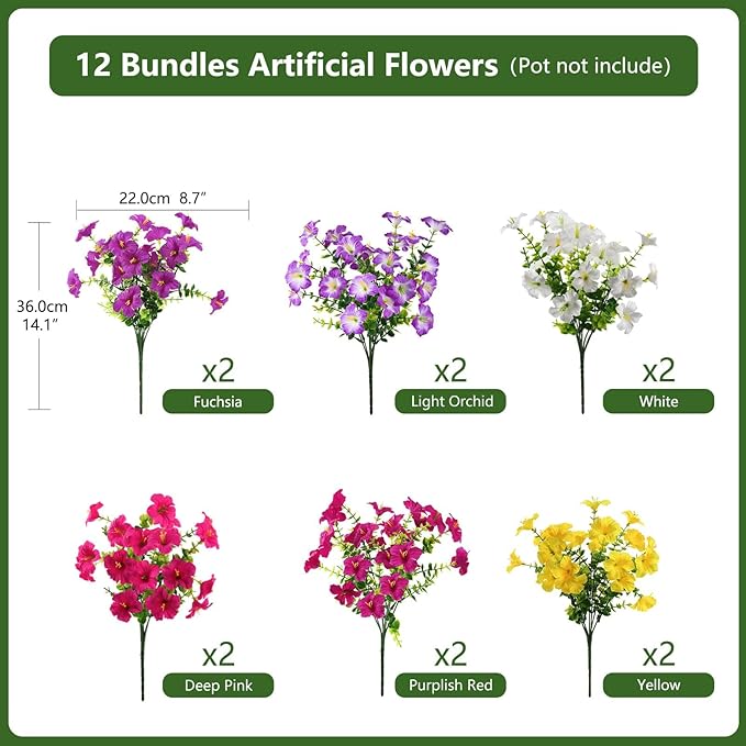 INQCMY Artificial Flowers for Outdoors Fake Plants Spring Decoration, 12 Bundles Faux Petunias UV Resistant No Fade Realistic Silk Flower for Outside Planters Patio Porch Yard Window Box INQCMYPlantRack