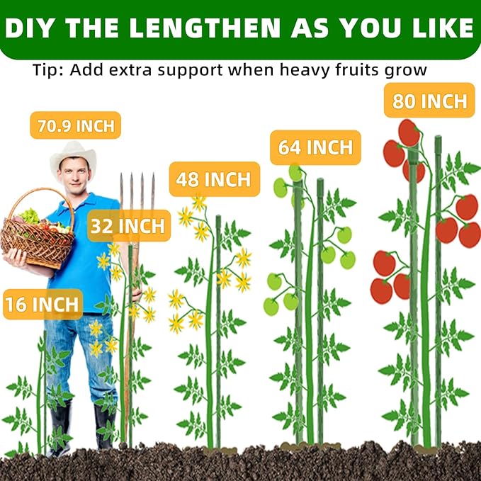 Garden Stakes 16 Inch 30 Pack, Diy 4ft 5ft 6ft 7ft 8ft Tomato Stakes Plastic Coated Metal Plant Sticks Stakes Supports with 20 Connectors 15 Rotatable Clips for Indoor Outdoor Plants Vegetable Fabulas