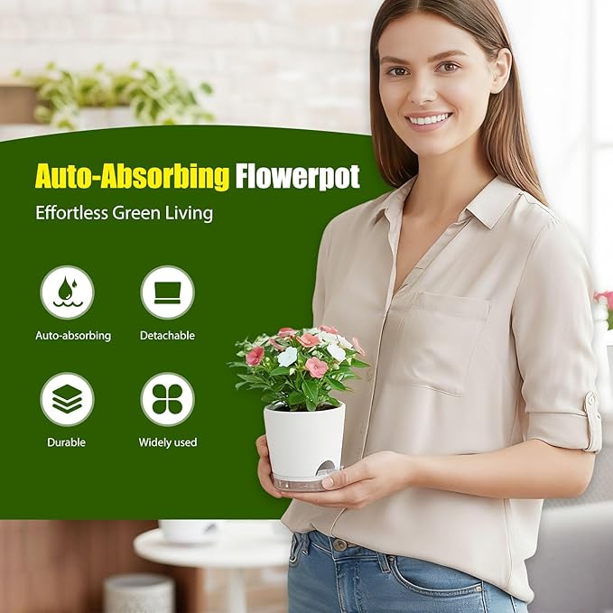 Plant Pots 5 Inch Self Watering Pots,6 Pack Plastic Planters with Drainage Holes and Clear Saucers,Plastic Flower Pots,Nursery Planting Pot for Indoor Out Door Plants (White) SQKH