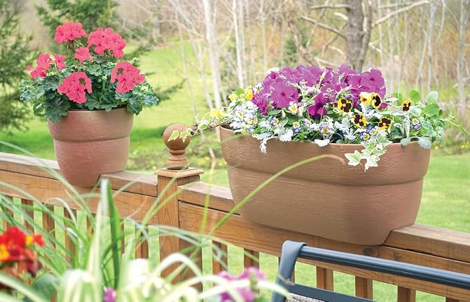 EMSCO Group Bloomers Railing Planter with Drainage Holes – 24" Weatherproof Resin Planter – Sand Emsco+Group