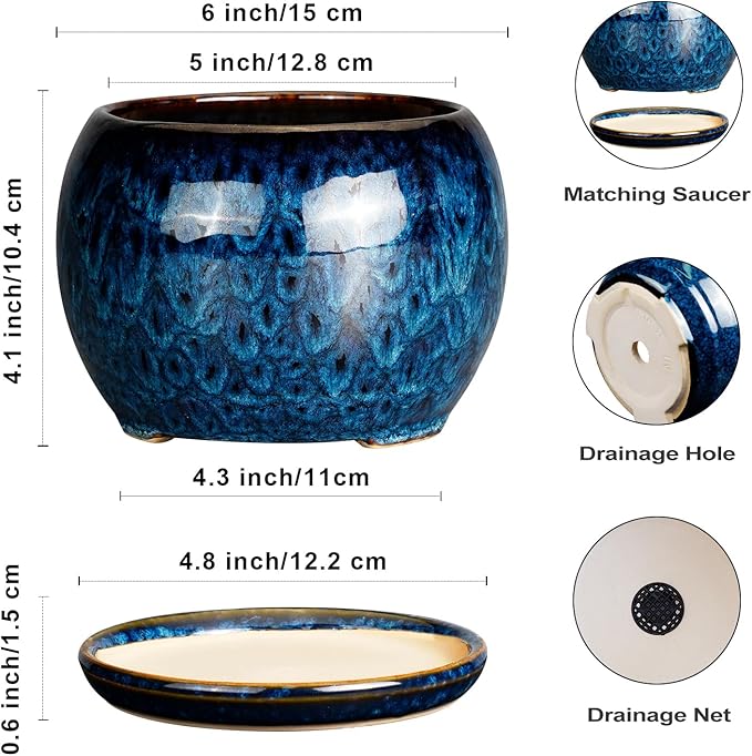 SQOWL 6 Inch Plant Pot - Ceramic Planter Pot with Drainage Hole and Saucer, Succulent Pot Round Flower Pot for Indoor Plants Outdoor, Blue SQOWL