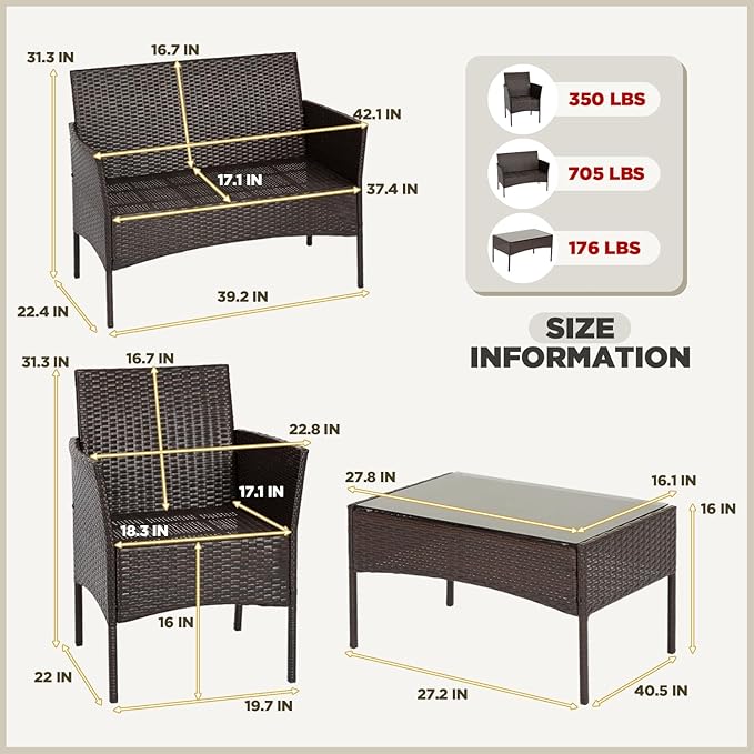 FDW | 4-Piece Patio Furniture Set | Brown & Red | Outdoor Wicker Furniture with Coffee Table | Modern Rattan Chairs Conversation Set | Outdoor Seating | Weather-Resistant | for Porch, Garden, Lawn FDW