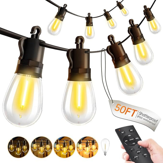 Outdoor String Lights Patio LED - Light Outside 50Ft 15M Waterproof Remote Dimmable S14 Porch Lighting Edison Plastic Bulb Pergola Hanging Balcony Connectable Backyard Yard Gazebo Party Garden Bistro Rootora
