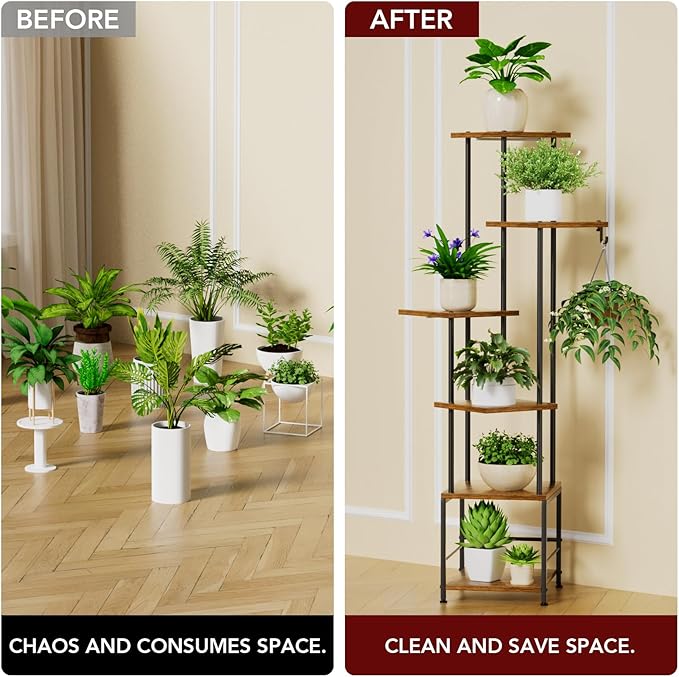 Plant Stand Indoor with Grow Light, 6-Tiered Tall Plant Stand Indoor, Metal Plant Shelf with Hanging Basket Hook and Adjustable Light, Ideal for Living Room, Garden, Patio, （Brown and Black） Homsorout