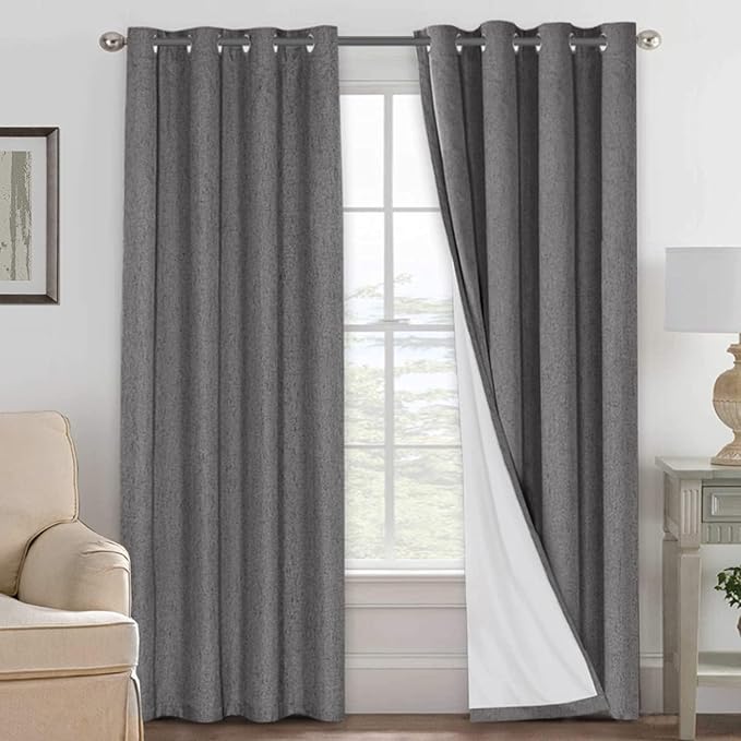H.VERSAILTEX Linen Curtains 100% Blackout Curtains for Bedroom 90 inch Long Full Light Blocking Nature Linen Blended Window Curtains for Living Room Nickel Grommet (2 Panels, Grey) HVERSAILTEX